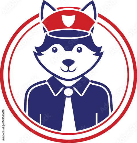 Friendly fox character wearing a smart uniform with a hat and tie inside a circular badge emblem