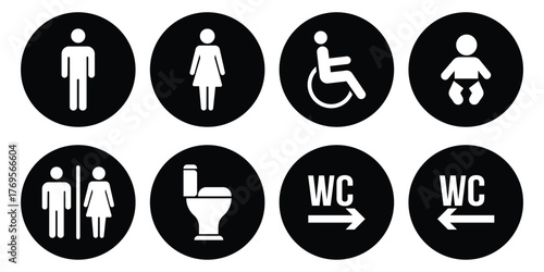 Toilet icons set. Men and women restroom icon sign right arrow. Disabled wheelchair icon. vector illustration.