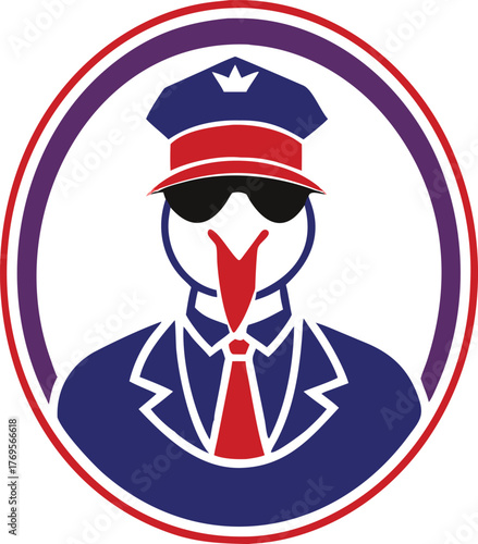 Professional avian character wearing a pilot uniform and dark sunglasses inside a stylish circular emblem