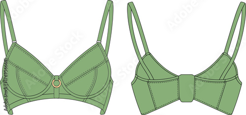 Cad drawing flat vector illustration, green structured bra front and back view, fashion lingerie design, apparel icon, technical outline.