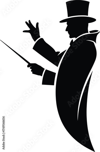 Black silhouette of a magician in a top hat with a wand