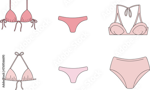 Cad drawing flat vector illustration, showcasing six bikini pieces in various styles, isolated for fashion design, retail, and swimwear branding.