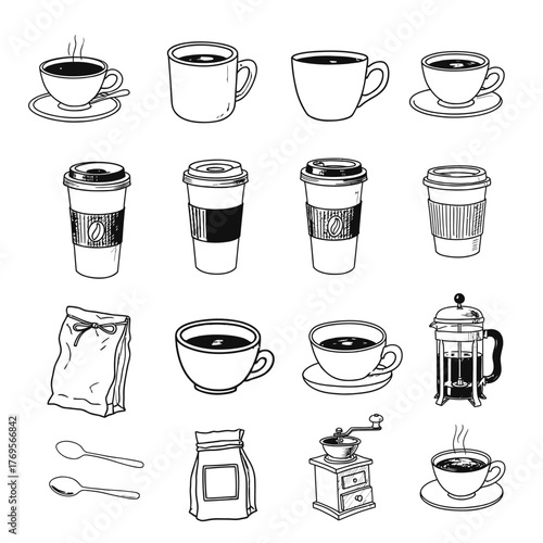 Collection of hand drawn coffee related illustrations including cups mugs to go cups coffee bag grinder and french press