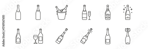 Champagne and Sparkling Wine Icons Set in Line Style