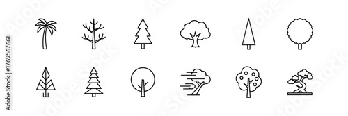 Set of Twelve Tree Icons in Simple Modern Design