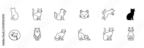 Set of twelve simple line drawings of cats in various poses
