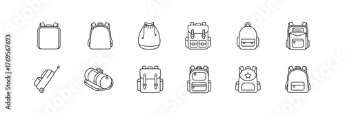 Set of 12 minimalistic line bag icons in black and white