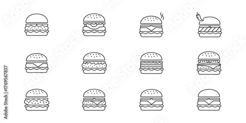 Collection of 12 Line-Drawn Burger Icons Set
