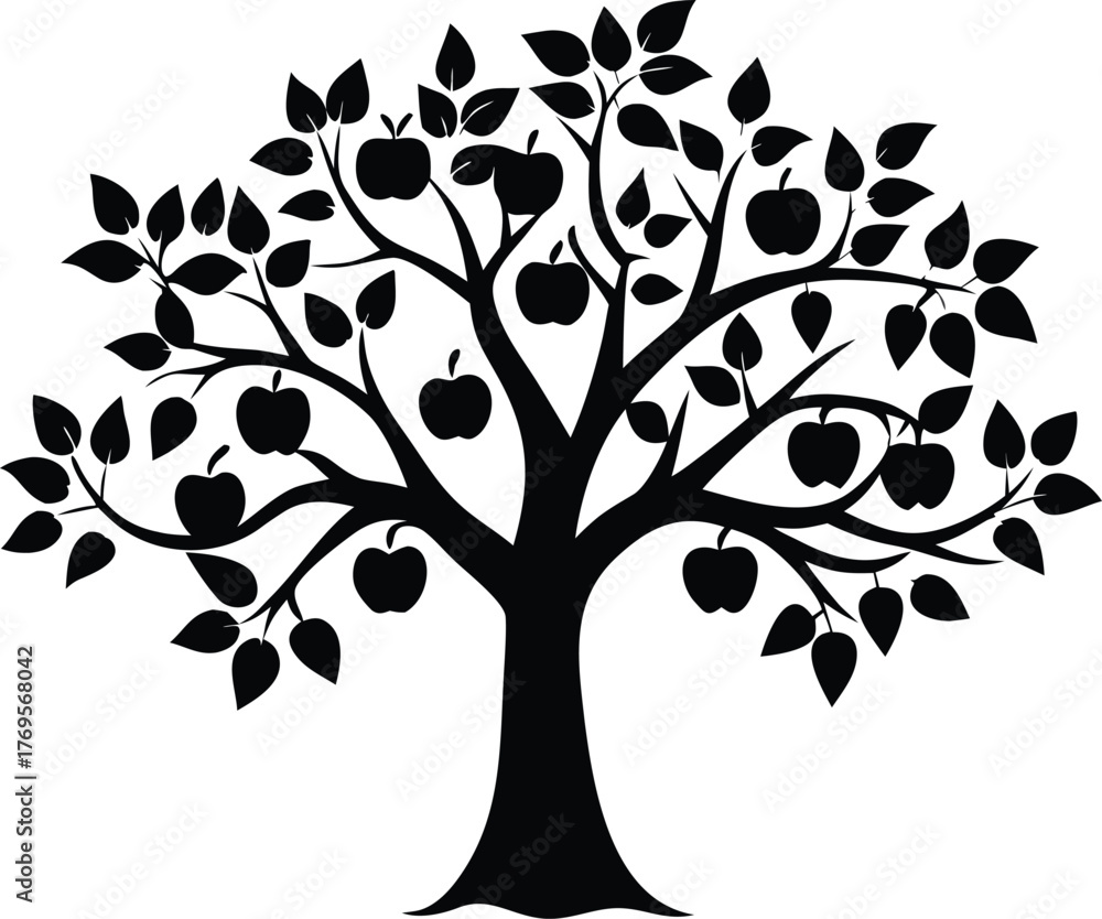 Obraz premium Apple tree with fruits, leaves, and flowers silhouette vector illustration