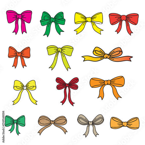 Collection of colorful hand drawn bows and ribbons in various styles and colors for decoration and design