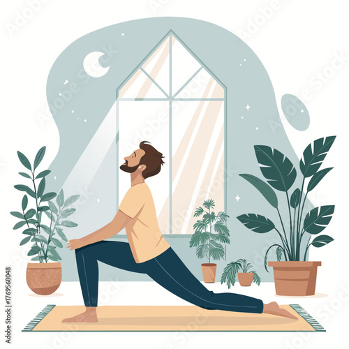A man doing a low lunge yoga pose at night, A concept of evening relaxation and mindfulness, Vector illustration - Generative AI