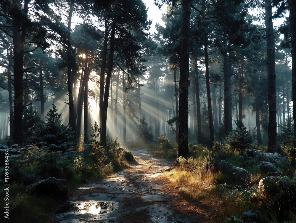 Fototapeta premium Sun Beams Through Morning Mist in Pine Forest, Golden Rays Creating Magical Wilderness Atmosphere