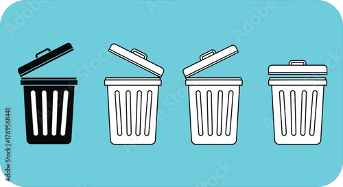Four different styles of trash cans, including a black one with a lid and three white ones with open lids, set against a vibrant cyan background