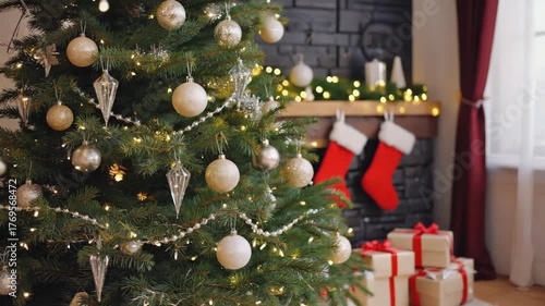 Festive Christmas tree decorated with sparkling ornaments glowing fairy lights cozy fireplace