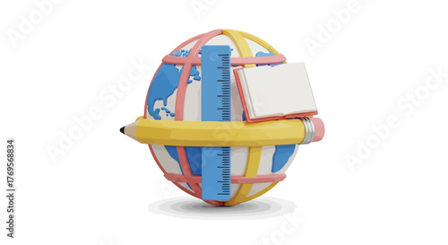 A colorful globe with a pencil, ruler, and notepad wrapped around it, against a clean white background with educational tools and school supplies.