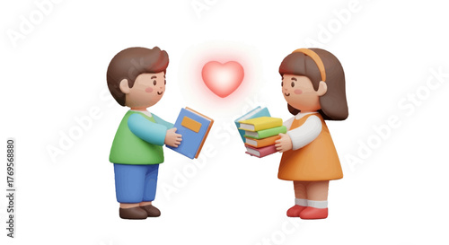 Two children exchanging books with a heart above them, symbolizing sharing and friendship in a simple, colorful illustration.