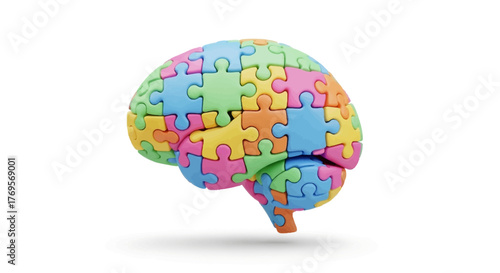A colorful brain made of puzzle pieces on a white background with a subtle shadow underneath it.