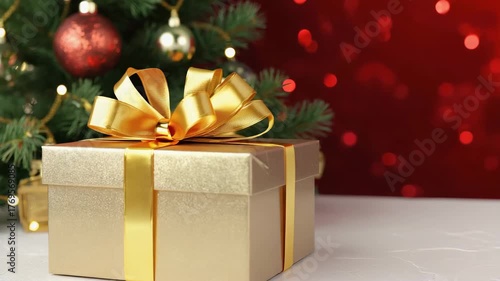 Festive golden gift box with luxurious ribbon sits beside a decorated Christmas tree with glowing