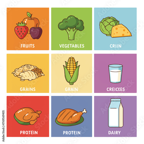 Colorful 2D flat vector illustration showcasing the five essential food groups, including fruits, vegetables, grains, protein, and dairy, necessary for balanced daily nutrition and providing energy.