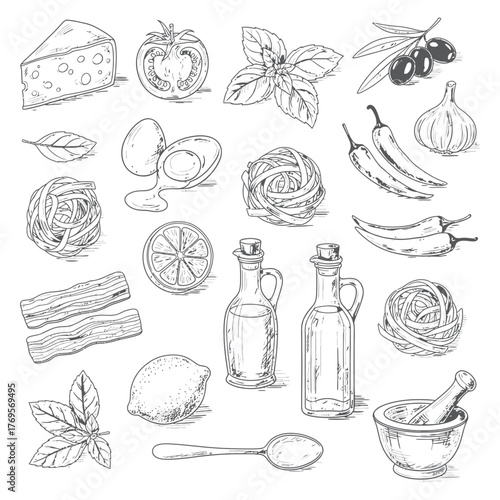Hand drawn sketch of assorted fresh ingredients and cooking utensils for healthy food preparation