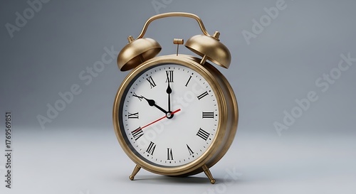 A classic golden alarm clock sits against a neutral background, hands showing the approximate time. Its design is clean and symmetrical