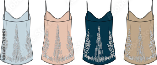 Collection of women's camisole tops with spaghetti straps and embroidery details. Vector fashion flat sketch for apparel design and technical drawing