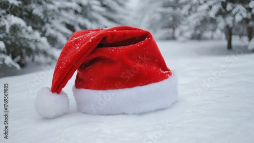 Festive red Santa hat with white trim resting on fresh snow amidst a winter forest scene with