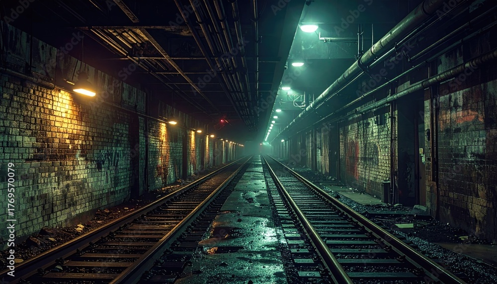 Fototapeta premium Dark Urban Train Tunnel with Graffiti and Green Lighting