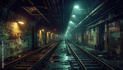 Dark Urban Train Tunnel with Graffiti and Green Lighting