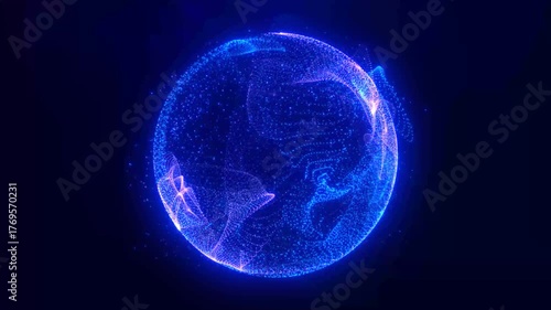 Abstract round blue sphere light bright glowing from rays of energy and magic waves from particles and dots, abstract background. Video 4k,