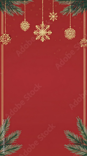 Red festive Christmas background with shiny baubles, pine branches, and glitter decorations creating a joyful holiday atmosphere