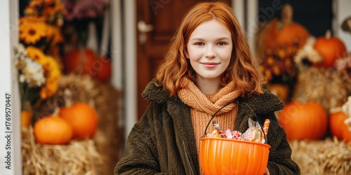 Realistic photo of a smiling red-haired girl in autumn clothes holding a pumpkin-shaped bucket full of candies. Festive Halloween atmosphere with pumpkins, hay, and flowers creating a cozy seasonal