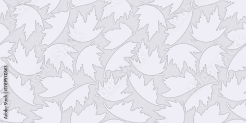A seamless repeating pattern with autumn leaves on a silver background. Ideal for wallpapers, backdrops, textiles, packaging, and paper. Black and white vector illustration.