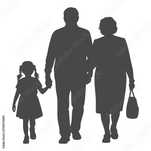 Family walking together a grandfather grandmother and granddaughter silhouette