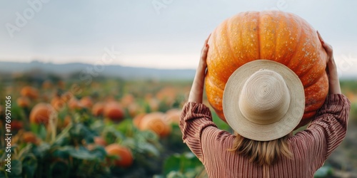 Young woman in straw hat holding giant pumpkin in a lush pumpkin field, smiling during autumn harvest season.