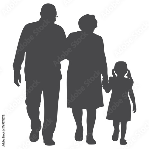 Family walking together a grandfather grandmother and granddaughter silhouette