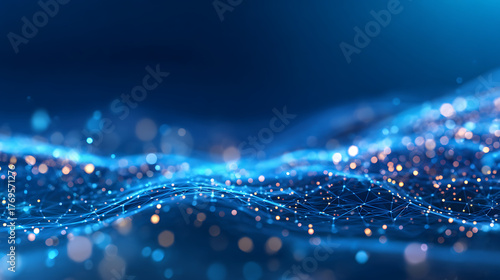 AI tech data wave with futuristic blue abstract background and light patterns. Cyber network of 3D particles and connecting lines in digital vector mesh. Modern geometric design for science 95389640 1