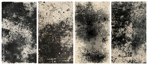 Set of linocut grunge stamp texture with vintage ink roller print effect, dust overlay grain, rough paper fibers, ink bleed, and scattered scratches