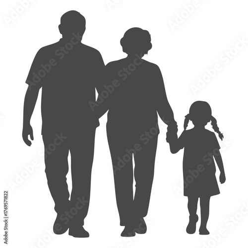 Happy family of three walking together in silhouette style