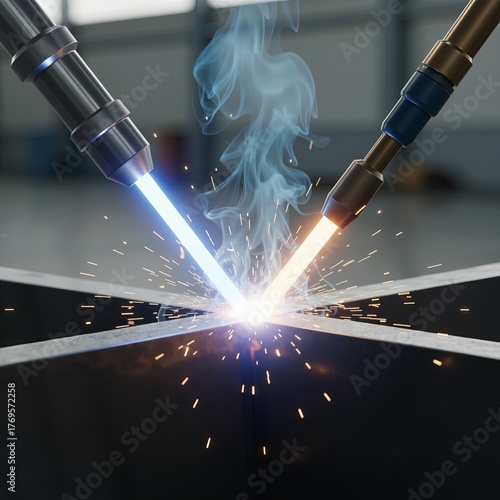 Dual beam process, likely hybrid welding, fusing metal at the intersection of components with bright light, sparks, and smoke. Advanced industrial technology.