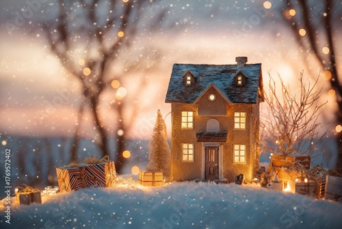 Christmas banner with decorative country house, fairytale tree, magic garlands and bokeh, sunset background, perfect for family holiday greetings or real estate promotions, house as ultimate present