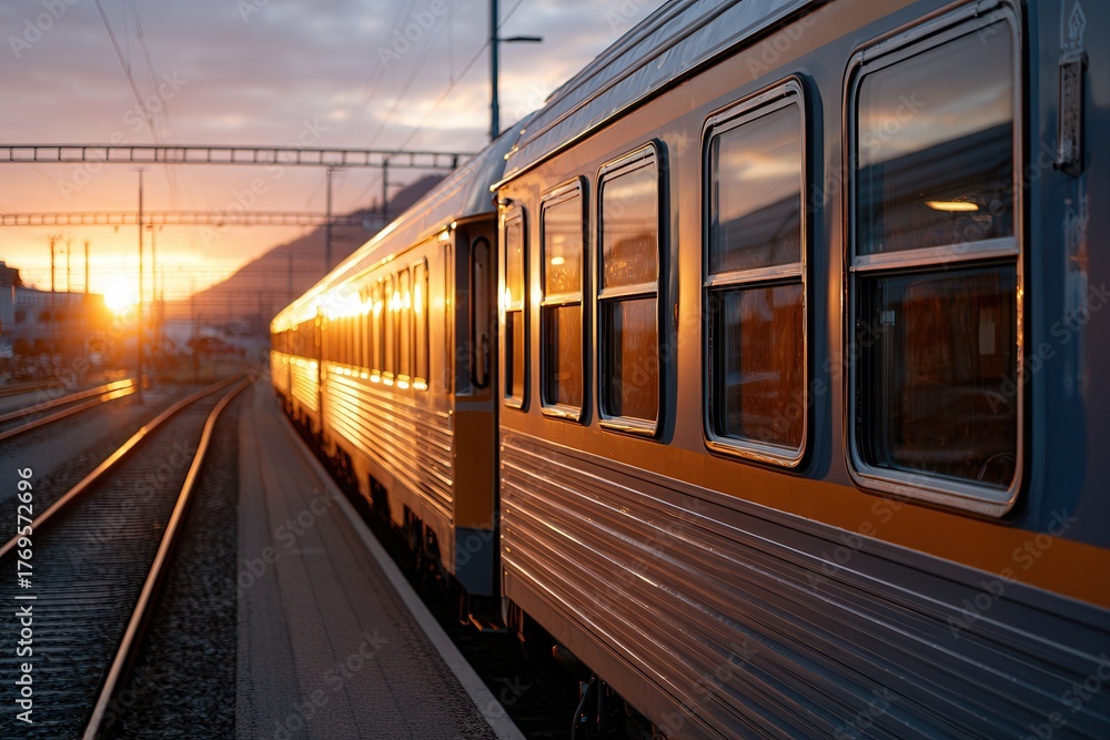 Naklejka premium A train stands on the tracks during sunset, reflecting warm colors. The scene captures the beauty of travel and transportation in a serene setting.