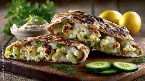 Two wraps of cauliflower and cheese sit on a wooden table. A bowl of hummus is on the table as well