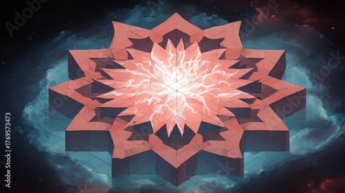 Abstract star design illustration with glowing core and cosmic background