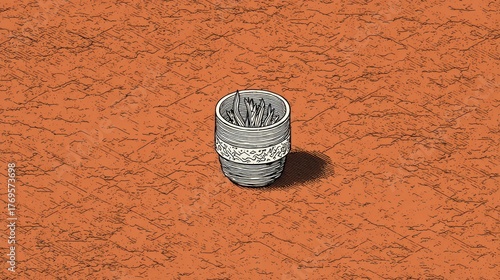 Illustration of a small pot with a plant on a textured orange background