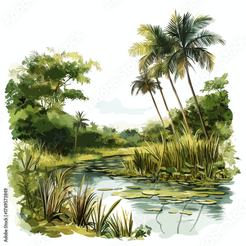 Bigi Pan Wetlands. Bigi Pan Wetlands hand drawn watercolor illustration