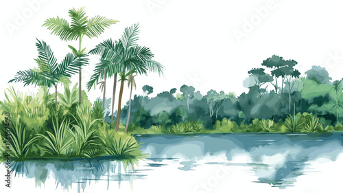 Cuyabeno Wildlife Reserve. Cuyabeno Wildlife Reserve hand drawn watercolor illustration