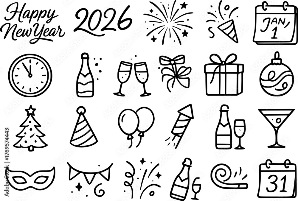 Obraz premium Unique icons, new year theme, outline version