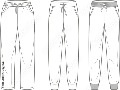 Fashion technical flat sketch of three jogger pants designs, vector illustration of casual sweatpants, athletic track pants with drawstring waist, comfortable sportswear design template