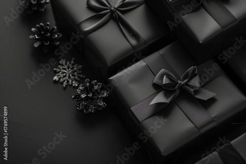 A stack of black boxes with bows on top. Cyber Monday, sale, purchase